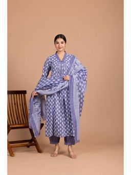 LABEL MAE - Blue Mist Hand-Block Printed Afghan Kurta with Salwar Pant and Dupatta