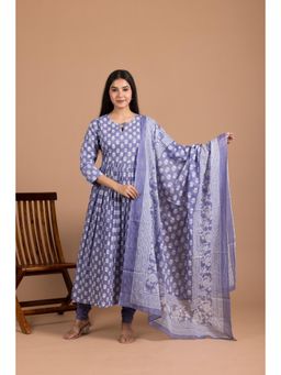 LABEL MAE - Blue Mist Hand-Block Printed Anarkali Kurta with Leggings and Dupatta