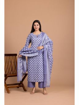 LABEL MAE - Blue Mist Hand-Block Printed Straight Kurta with Pant and Dupatta