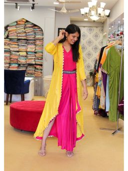 Pink Tree - Pink Mirror Work Drape Dress With Yellow Jacket