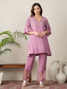 First Resort by Ramola Bachchan - Women Georgette Embroidered Lavender Kurti And Pant
