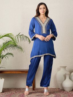 First Resort by Ramola Bachchan - Women Modal Embroidered Navy Blue Tunic And Pant