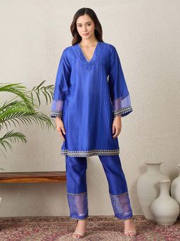 First Resort by Ramola Bachchan - Women Chanderi Solid Navy Blue Kurti And Pant