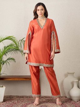 First Resort by Ramola Bachchan - Women Chanderi Embellished Orange Kurti And Pant