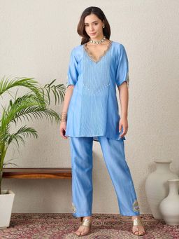 First Resort by Ramola Bachchan - Women Chanderi Solid Blue Tunic And Pant