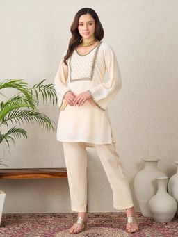 First Resort by Ramola Bachchan - Women Polyester Embroidered Ivory Tunic And Pant