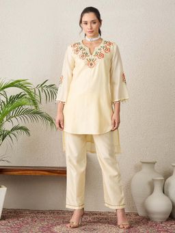 First Resort by Ramola Bachchan - Women Chanderi Floral Cream Tunic And Pant