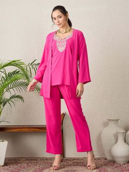 First Resort by Ramola Bachchan - Women Polyester Crepe Embroidered Pink Tunic And Pant
