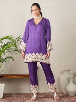 First Resort by Ramola Bachchan - Women Modal Printed Purple Kurti And Pant