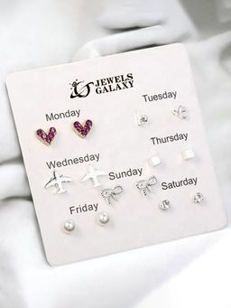 Jewels Galaxy - Silver Plated Hearts inspired Contemporary Studs Earrings (Pack of 7)