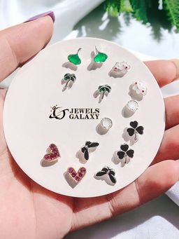 Jewels Galaxy - Silver Plated Clover Multicolor Pearl Studded Studs Earrings (Pack of 7)