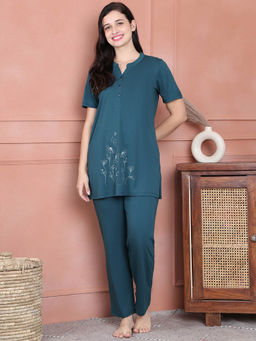 Kanvin - Teal Embroidered Women's Top with Pyjama (Set of 2)
