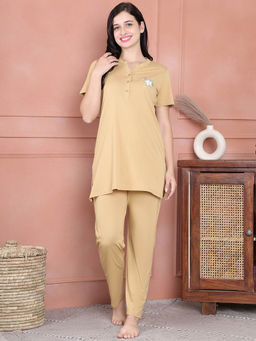 Kanvin - Mustard Embroidered Women's Top with Pyjama (Set of 2)