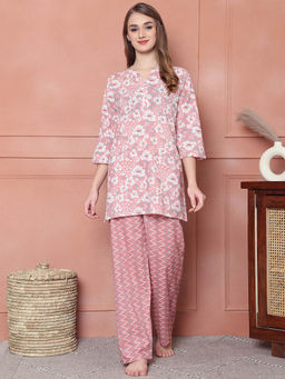 Kanvin - Pink Women's Floral Print Top with Pyjama (Set of 2)