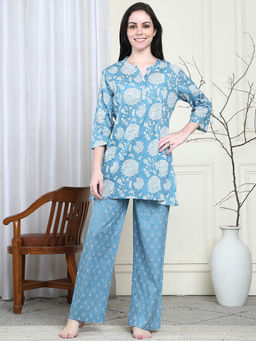 Kanvin - Blue Women's Printed Top with Pyjama (Set of 2)