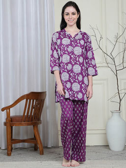 Kanvin - Purple Women's Printed Top with Pyjama (Set of 2)