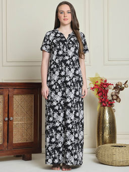 Kanvin - Black Women's Floral Print Long Nighty