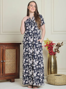 Kanvin - Navy Blue Women's Floral Print Long Nighty