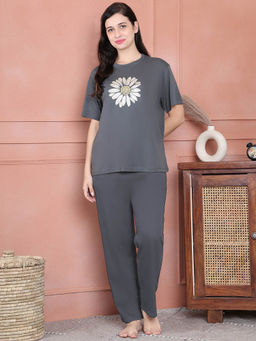 Kanvin - Grey Women's Floral Print Top with Pyjama (Set of 2)