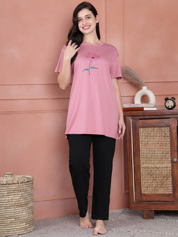Kanvin - Pink Women's Floral Top with Pyjama (Set of 2)