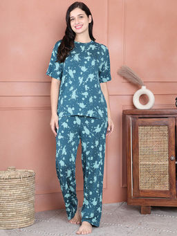 Kanvin - Teal Printed Women's Top with Pyjama (Set of 2)