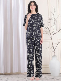 Kanvin - Black Women's Floral Print Top with Pyjama (Set of 2)