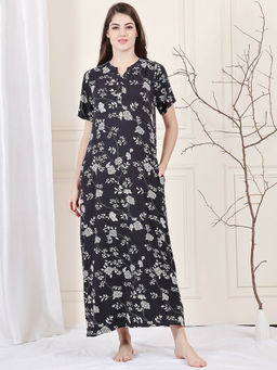 Kanvin - Black Women's Floral Long Nighty