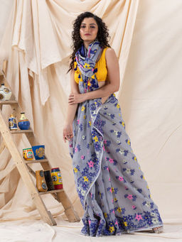 Angoshobha - Traditional Grey & Blue Soft Dhakai Jamdani Saree with Unstitched Blouse