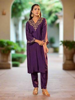 Kasya - Purple Upada Silk V-Neck Floral Embroidered Kurta and Pant