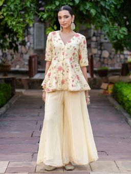 Kasya - Cream Floral Embroidered Organza Tunic with Palazzo