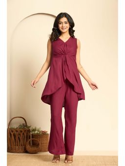 Kasya - Maroon Solid Twisted Waist Co-Ord Set