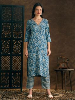 FASHOR - Floral Printed Embroidered Straight Kurta with Pant - Blue