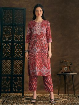 FASHOR - Ethnic Floral Printed Straight Fit Kurta with Pant - Red