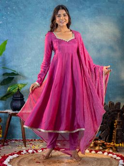 Kasya - Rani Pink Silk Solid Anarkali Kurta with Pant and Dupatta