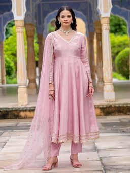 Kasya - Light Pink Solid Mirror Work Anarkali Kurta with Pant and Dupatta