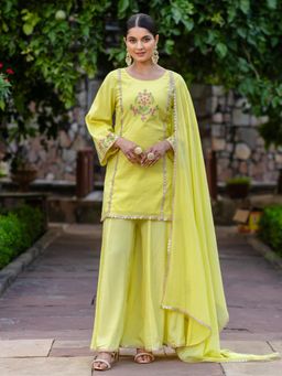 Kasya - Yellow Chanderi Embroidered Kurta with Palazzo and Dupatta