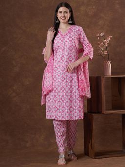 FASHOR - Floral Printed Straight Kurta with Pant and Dupatta - Pink