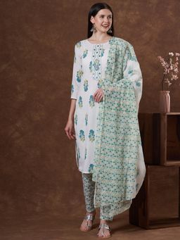 FASHOR - Floral Printed Straight Mirror Work Kurta with Pant and Dupatta - White