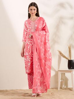 FASHOR - Floral Printed Straight Cut Kurta with Pant and Dupatta - Coral