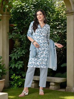 FASHOR - Floral Printed Mirror Work Kurta with Pant and Dupatta - Teal