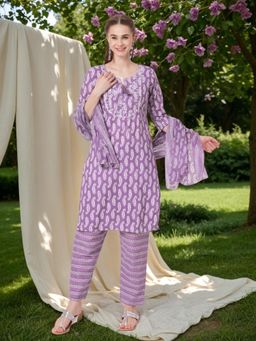 FASHOR - Printed Embroidered Straight Kurta with Pant and Dupatta - Purple