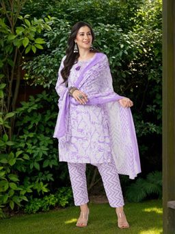 FASHOR - Paisley Printed Embroidered Kurta with Pant and Dupatta - Purple