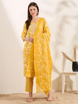 FASHOR - Floral Printed Straight Cut Kurta with Pant and Dupatta - Yellow