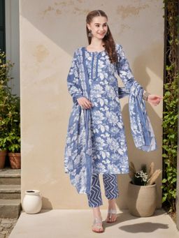 FASHOR - Floral Printed Straight Kurta with Pant and Dupatta - Blue