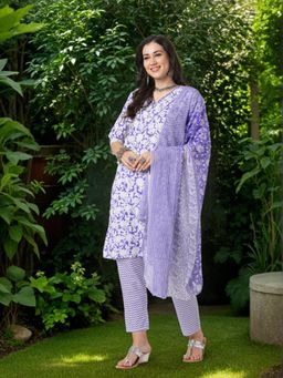 FASHOR - Floral Mirror Work Straight Kurta with Pant and Dupatta - Purple