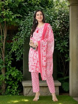FASHOR - Paisley Printed-Mirror Work Kurta with Pant and Dupatta - Coral