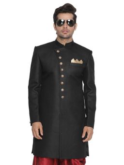 Vastramay - Men Black Polyester Lurex Blend Sherwani Only Top