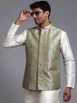 Vastramay - Men Mint Green Mirror Work Nehru Jacket