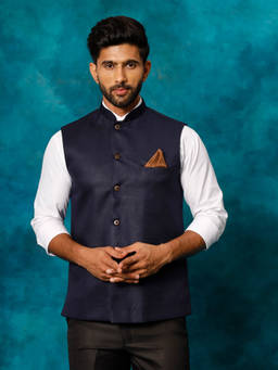 Vastramay - Men Navy Blue Nehru Jacket