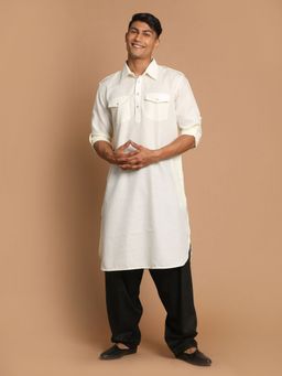 Vastramay - Men Cream And Black Cotton Blend Pathani Kurta (Set of 2)